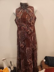 vintage 70’s hippy maxi dress paisly sleeveless 1970’s 29 1/2″ w sheer overlay
