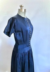 Vintage 1950’s Anne Fogarty Midnight Blue Sateen Dress with Drop Waist