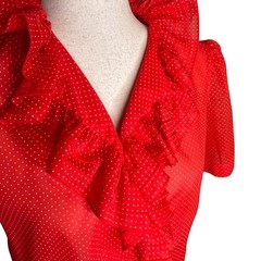 VTG NaMa CA Blouse Sheer M Red Polka Dot Ruffle Pinup Rockabilly Americana Retro