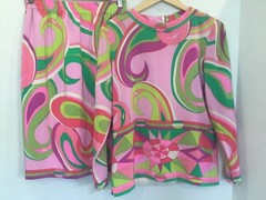 Vintage 1980s PIA RUCCI 2 pc 100% Silk Designer Pop Art Geometric 8 Pink Green