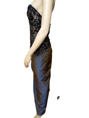 San Carlin Sz 6 Formal Gown Maxi Dress Sz 6 Teal Silk Taffeta Beaded Vintage 90s
