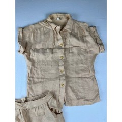 Vintage 70’s Linen Blend Neutral Two Piece Skirt Set Tan Short Sleeve Top Midi