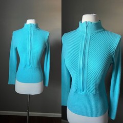 Vintage 70s Knit Sweater Large Baby Blue Ribbed Slim Fit Zip Mod Retro