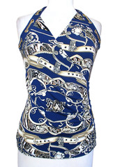 VTG Cache Y2K Top V Neck Blouse XS Womens Blue Chain Print Stretch Sleeveless