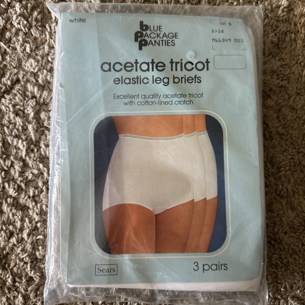NOS Sears 3PR WHITE Blue Package Panties Sz 5 Acetate Tricot Elastic Leg Briefs