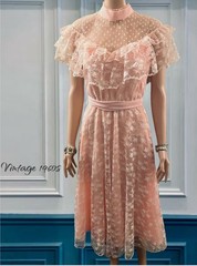 Vintage Lace Dress 1960s Frill Mesh Ruffles Coquette Kawaii Prairie Pink S