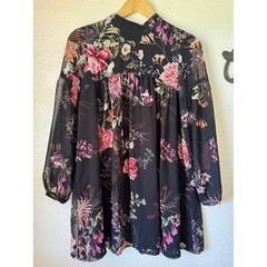 Lavender Brown Floral Sheer Babydoll Dress Women’s Small High Neck Double Lined