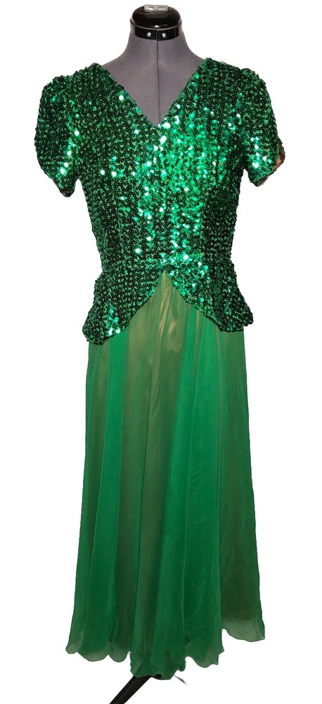 VTG 60s 70s Green Sequin Formal Dress Evening Gown 34-29-open XS/S DAMAGED
