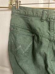 70s Wrangler Misses Jeans Green Denim Snap Button Wide Leg Flare Slim Sz 18 30w
