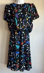 Vintage 80s Lisa II Blouson Midi Dress 12 Semi Sheer Flowy Maximalism Retro Art