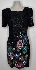 LAWRENCE KAZAR Vintage Sequin Beaded Silk Mini Party Dress SZ XL