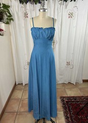 Vtg 40s Blue Taffeta Lingerie Bodice Long Evening Gown Spaghetti Strap Ruching 4