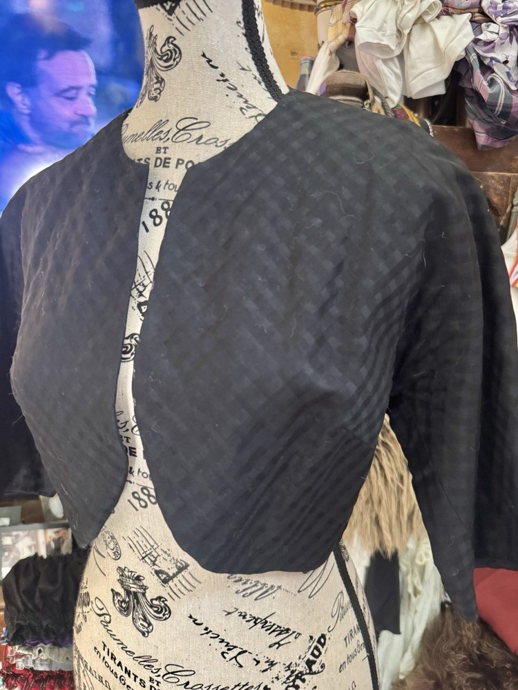 Vtg Bonwit Teller Black Cropped Cocoon Bolero Jacket 3/4 Sleeve Cotton Lined Mod