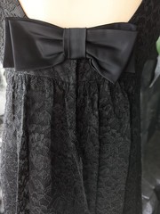 60s Vtg Black Lace Mini Dress Plunging Back Bow Train Cocktail Evening Cruise L