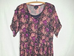 Vtg 90s Black Rose Floral Dress Nostalgia L Rayon Crinkle Crepe Goth Craft Boho