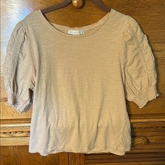 Design History Boho Romantic Beige Slub Cotton Crochet Lace Puff Sleeve Top