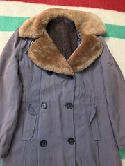 Vintage 40s 50s 60s Gabardine Rayon Sun Faded Mouton Fur Collar Overcoat Trench