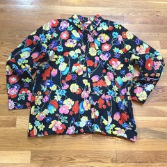 Vintage Floral Tie Neck Blouse Black Multi Color Long Sleeve Top 70s 80s