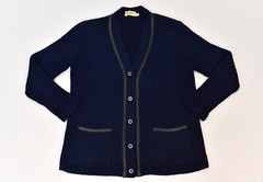 Vintage Hermes Sport Navy Blue Wool Mohair Black Leather Trim Cardigan Sweater