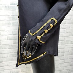 Vintage 80s D. Frank Womens 6 Black Split Front & Tail Gold Trim Button Blazer