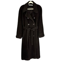 90s Y2K Vintage Perry Ellis Black Alpaca Wool Long Sherpa Belted Trench Coat