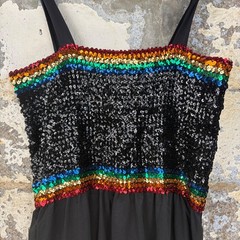 Vintage Black Rainbow Sequin Bodice Sleeveless Shift Dress Size 18 1/2 Acetate