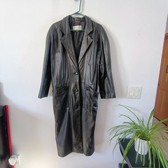Brandon Thomas 100% Leather Black Trench Coat Womens M Button Front Long Jacket