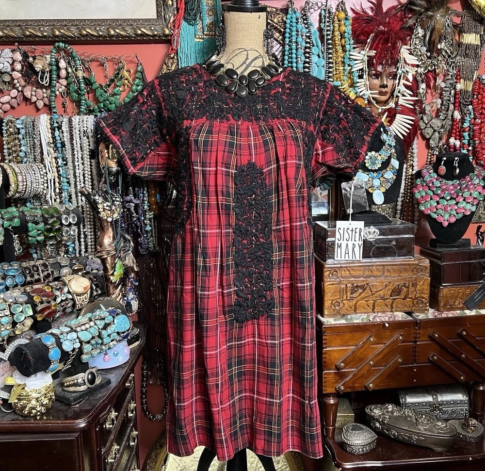 Beautiful Sister Mary Oaxaca Red & Black Plaid Black Embroidery & Crochet ML