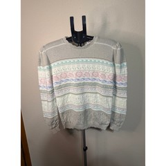 Vintage Beldoch Popper Fair Isle Pointelle Knit Sweater Pastel Puff Sleeve Grey