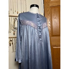 VTG Deadstock NWT Blue Satin Lace Trim Long Sleeve Nightgown Sleep Dress 38-40