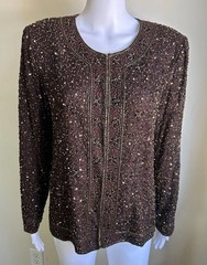 Vintage Stenay 100% Silk Beaded Sequin Jacket Women’s L Brown Art Deco Evening