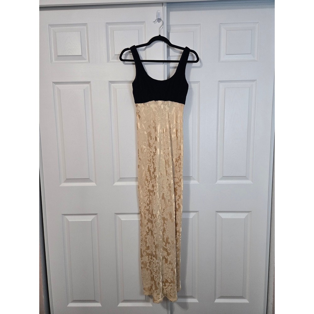 Steppin Out Vintage Maxi Dress Black Velvet Gold Damask Brocade Bow Back Size 5