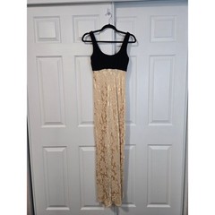 Steppin Out Vintage Maxi Dress Black Velvet Gold Damask Brocade Bow Back Size 5