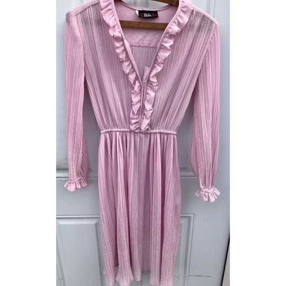Vtg Rare Dress Liz Petites Inc. Pink Polyester Ribbed 70s Disco Mod Ruffles Boho