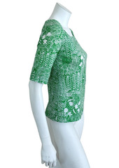 Vtg 70s Ditsy Geometric Floral Print Top Size S Square Neck Cotton Green White