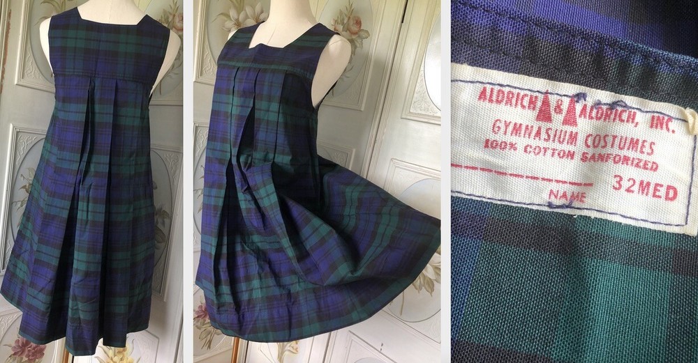 VTG 50s ALDRICH SANFORIZED PLAID COTTON GYMNASIUM DRESS USA 32 NAVY GREEN EUC