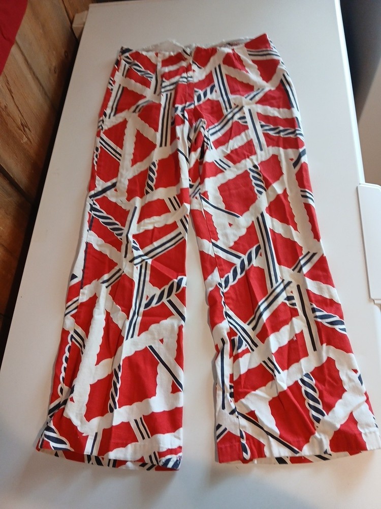 Vtg 70s Home Sewn Nautical Rope Print Pant Red White Blue Serval Zipper Wide Leg