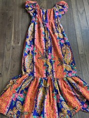 Mid Century Boho Maxi Dress – Orange Paisley Floral Print – 1960s Cracker Jax