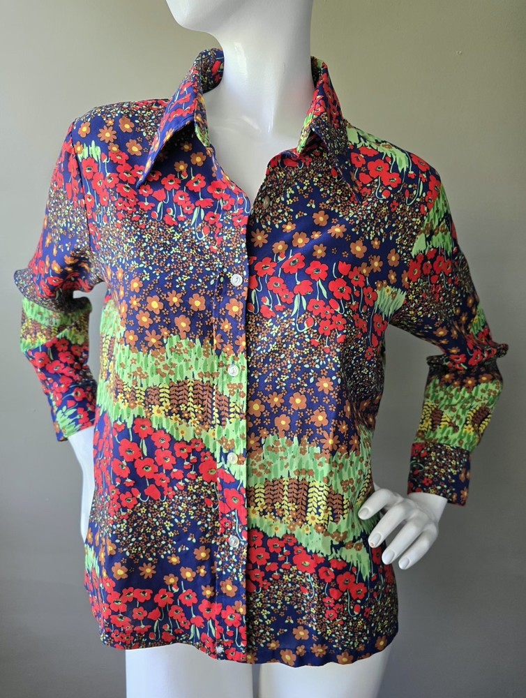 70’s Floral Button-Up Shirt Large Polyester Lightweight Blue Barrymore Collar