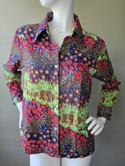 70’s Floral Button-Up Shirt Large Polyester Lightweight Blue Barrymore Collar