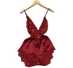 Vintage Lace Teddy Bodysuit Silky Red Nylon Romper Lingerie One Piece Size Small