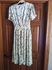 Vtg Yellow/Blue Floral Midi Sun Dress Size 12 1980s Lace Collar Cottagecore