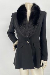 Vintage 90s Alberto Makali Black Fox Fur Collar Power Shoulder Blazer Jacket sm