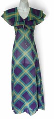 Vtg 1970s Cape Collar Plaid Midi Dress XS Short Sleeve Sheer Flare Skirt Tie Bow