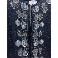 Stenay Black Beaded Silk Evening Jacket Large 80s Silver Sequin Formal Vintage