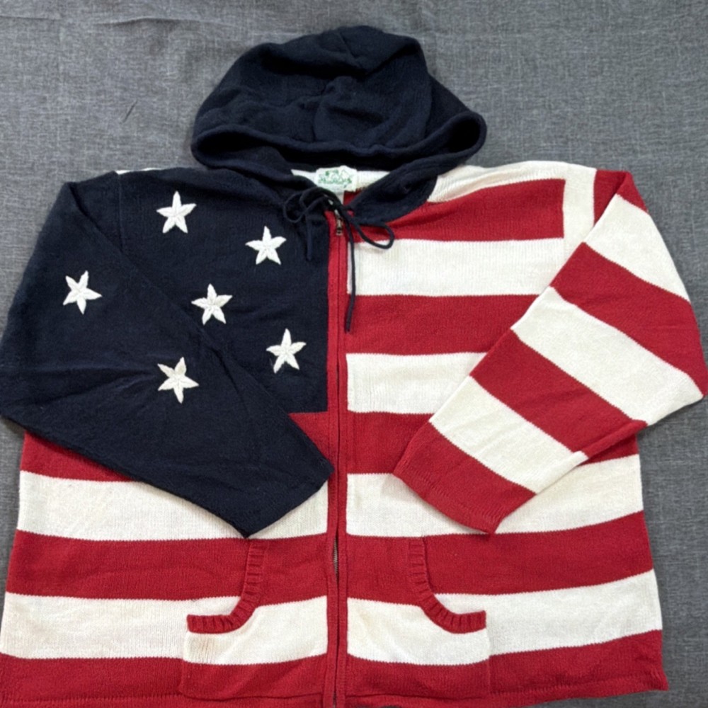 The Quacker Factory Patriotic Flag Hooded Sweater 3X Red White Blue Ramie Cotton
