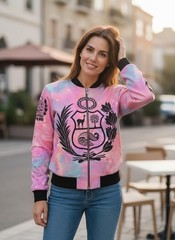 Peruvian Jacket – Pink Galaxy Print with Peru Coat of Arms – Lightweight Zip