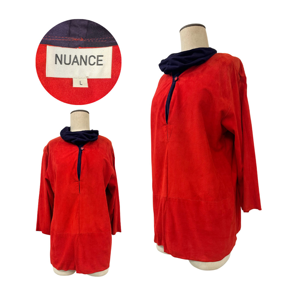 Vintage 1970s Nuance Suede Cowl Neck Navy & Red Top