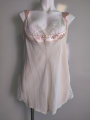 Vintage Peachy Pink Lace Chiffon Teddy Bodysuit Romper Size 2X Snap Crotch EVC