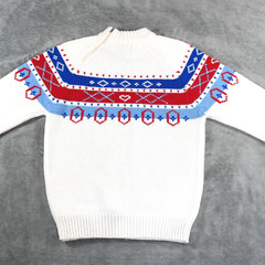 Vintage K-Mart Womens Sweater Medium 100% Acrylic Nordic Zip Neck White Red Blue